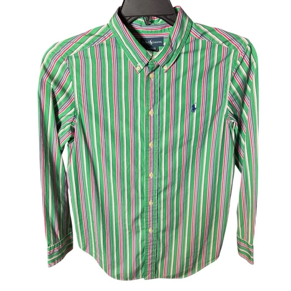 Ralph Lauren Boy’s‎ Striped Button-Up Shirt – Size 14/16 – Preppy Cotton Green